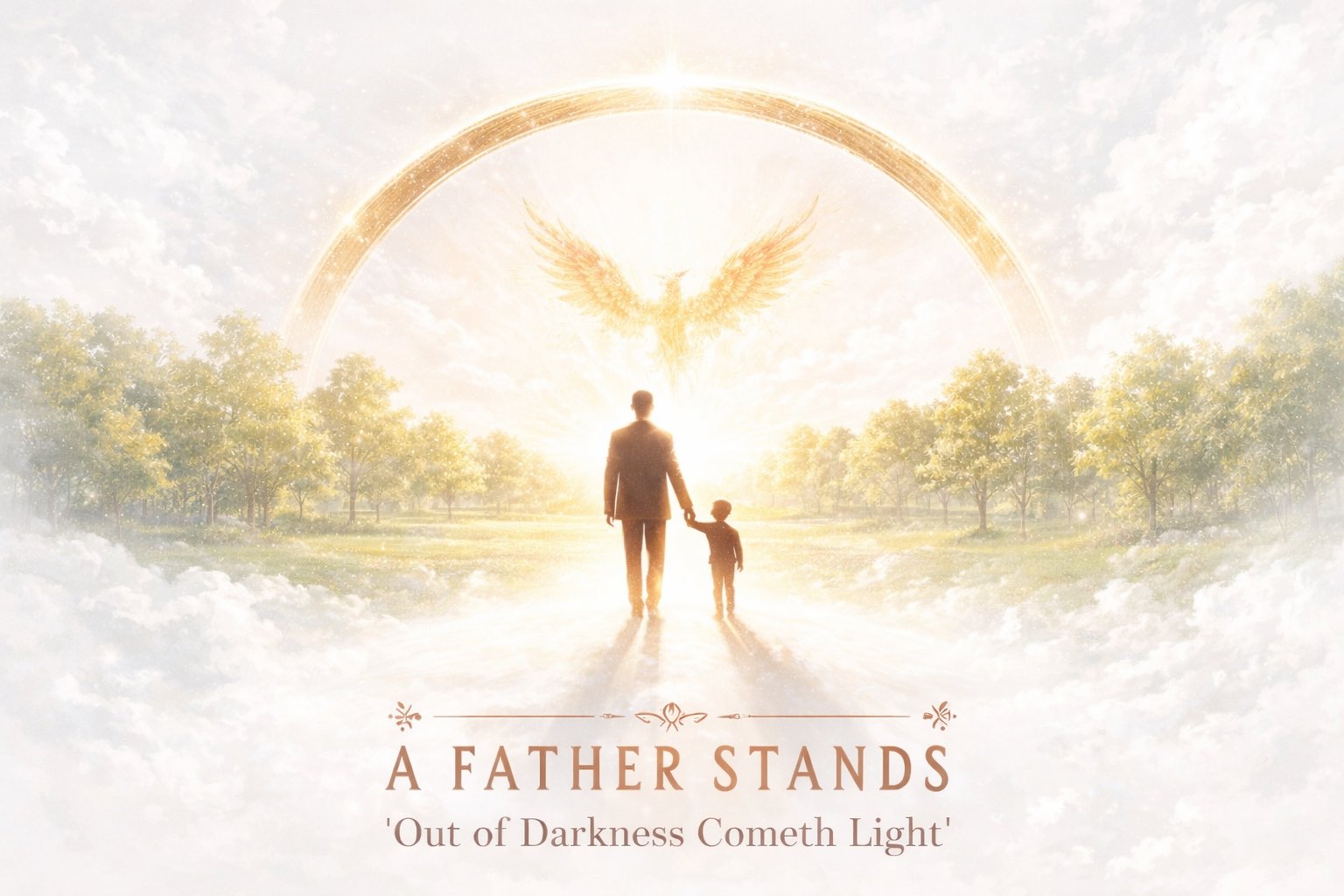 A father and child walking together into golden light beneath an arch, with the text A Father Stands - Out of Darkness Cometh Light